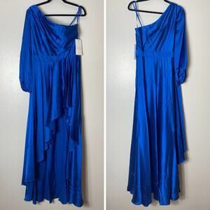 NWT Mac Duggal Dress Gown Blue Silky Long Sleeve One Shoulder Hi-Low Maxi